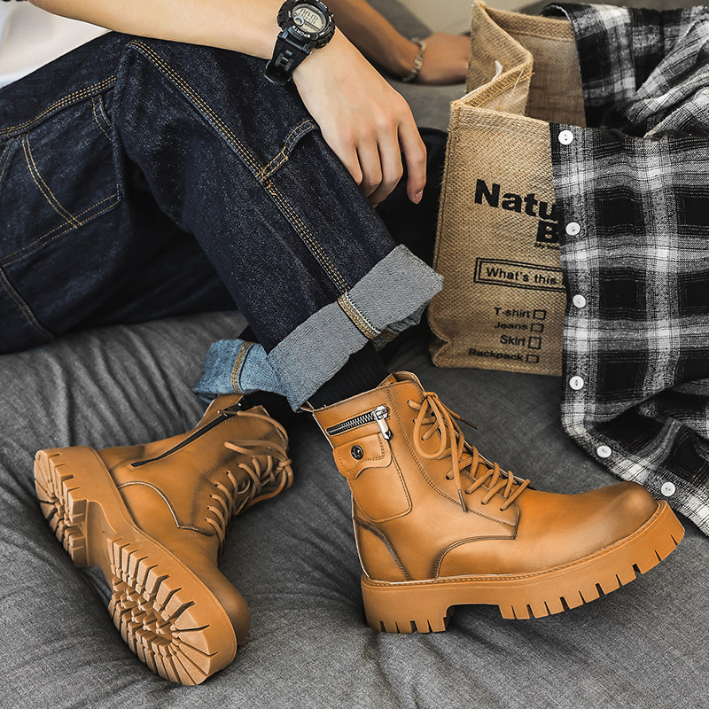 WHITE MARTIN BOOTS MENS WINTER HIGH TOP ZIPPER LEATHER PLATFORM SOLE HEIGHTENED SIMPLE BRITISH STYLE FASHION BOOTS MENS BOOTS
