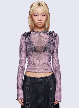 Minga新品复古Y2K辣妹透视网纱全身图案印花系带装饰修身长袖上衣