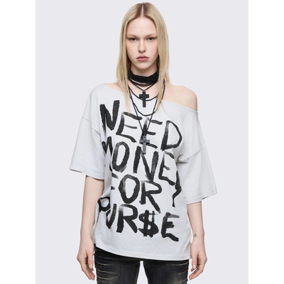 Minga暗黑哥特风不对称领口短袖