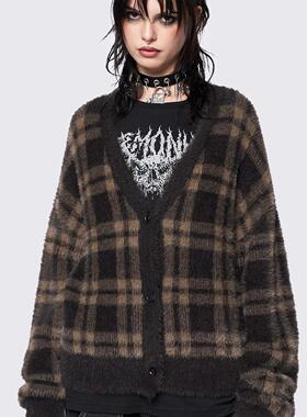 Minga 秋冬 美式复古 慵懒 棕色黑灰色格子排扣针织毛衣开衫外套