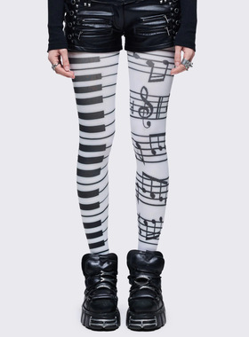 Minga 哥特y2k 黑白钢琴/音符图案印花 高腰弹性白色连体丝袜裤袜