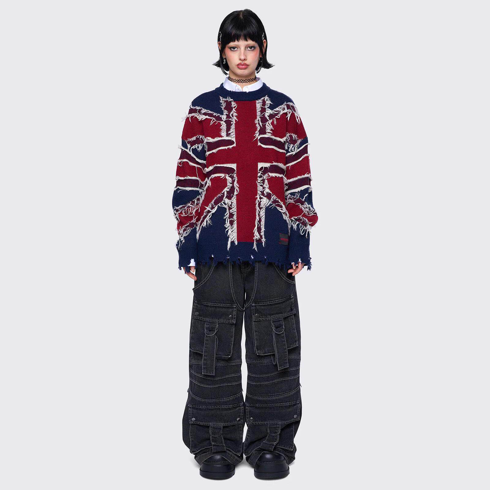 Minga 新品 英国国旗 蓝色针织红色做旧磨毛边 宽松落肩 慵懒毛衣