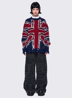 Minga 新品 英国国旗 蓝色针织红色做旧磨毛边 宽松落肩 慵懒毛衣