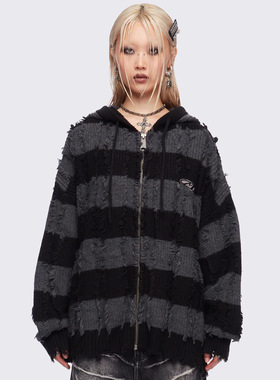 Minga新品 美式复古条纹拼色 故意破坏设计 宽松落肩连帽毛衣外套