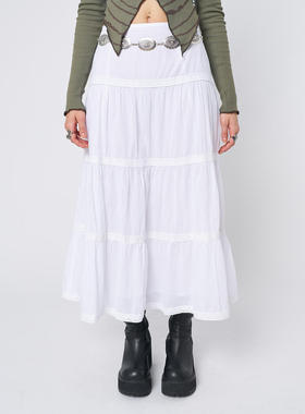 Minga美式复古白色蕾丝边双层高腰a型半裙蛋糕长裙 Newjeans同款