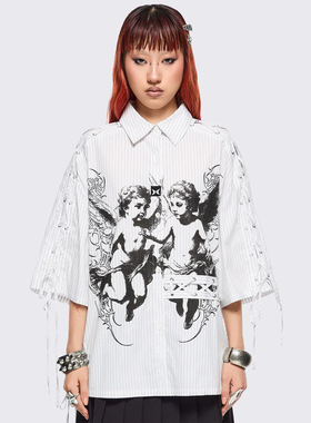 Minga新品 美式复古 黑白两色天使竖纹图案 宽松落肩短袖衬衫上衣
