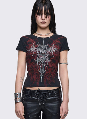 Minga暗黑哥特 做旧十字架/羽翼图案 短款修身圆领短袖上衣