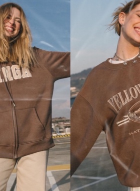 【国内现货】Minga美式复古棕色系列刺绣图案宽松长袖卫衣外套