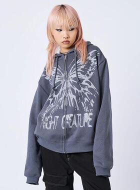 Minga冬季美式复古灰色做旧蝴蝶印花宽松落肩加绒连帽拉链外套