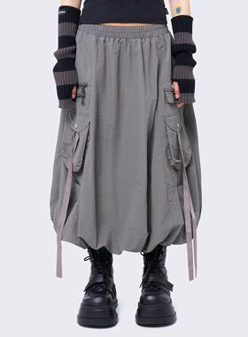 Minga 新品美式复古灰色 工装多口袋 拉链装饰 泡泡中长裙半裙