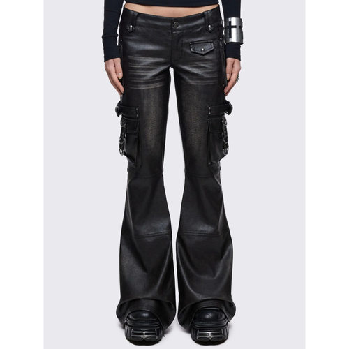 Minga千禧辣妹y2k仿皮喇叭长裤