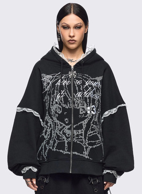 Minga  ASCII风格动漫女孩图案 蕾丝缝边细节 落肩宽松连帽外套