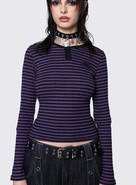 Minga 新品复古Y2K千禧 紫色条纹拼接 圆领修身短款长袖上衣T恤