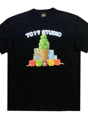 TC17 STUDIO原创新品美式卡通冰淇淋印花宽松休闲小领口短袖棉T恤