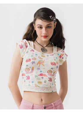 Sixthdimension y2k童趣水果派对图案短款修身短袖上衣