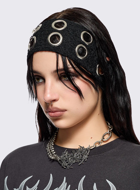 Minga 新品亚文化Y2K黑色/米白色蕾丝 金属圆环设计 弹性发带发饰