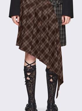 Minga 新品暗黑学院风 不对称斜切百褶半裙 两色格纹拼接及膝短裙