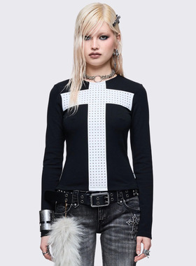 Minga新品 暗黑哥特风 白色粗十字架铆钉 圆领修身短款长袖上衣