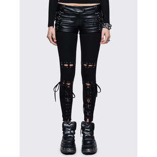 Minga 暗黑哥特 系带设计 高腰松紧腰围 黑色修身打底裤leggings