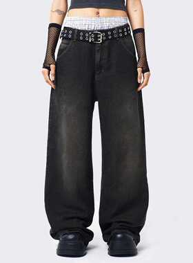 Minga 复古做旧水洗 背后星星刺绣图案 宽松自然腰阔腿牛仔裤长裤