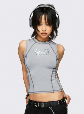 Minga 新品美式朋克金属心形/蝴蝶压印 短款修身无袖背心上衣