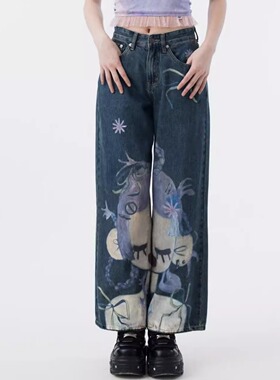 Sixthdimension y2k涂鸦图案 复古水洗高腰直筒牛仔裤