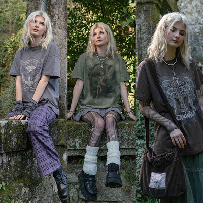 minga棉复古短袖做旧印花