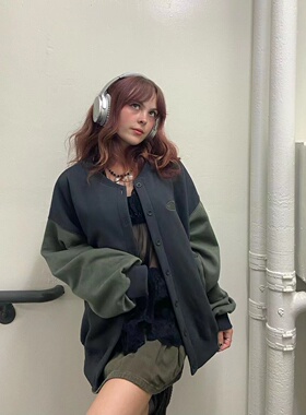 Minga春季美式复古薄绒撞色拼接字母刺绣宽松飞行员夹克外套开衫