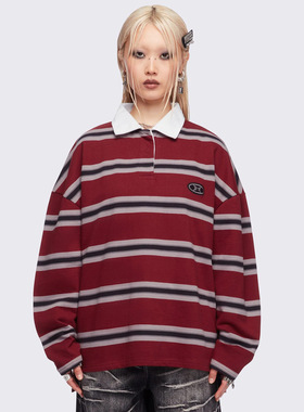 Minga新品 美式Spencer条纹橄榄球POLO衫 超宽松翻领长袖polo上衣