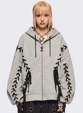 Minga新品 复古y2k 刺绣logo 黑色蕾丝系带装饰设计 宽松连帽外套