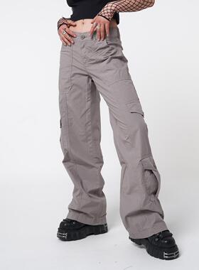 Minga夏季新品美式复古灰色Y2K多口袋装饰低腰工装裤宽松直筒长裤