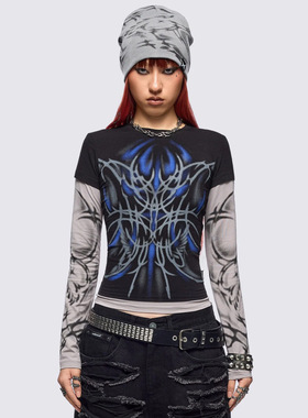 Minga x ColdF33t联名新品 朋克摇滚印花 短款修身假两件长袖上衣