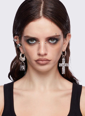 Minga新品 美式朋克骷髅/十字架图案 做旧银色耳钉耳夹 7件套套装