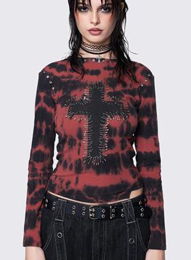 Minga  朋克y2k 红色扎染十字架贴布别针装饰 短款修身长袖上衣