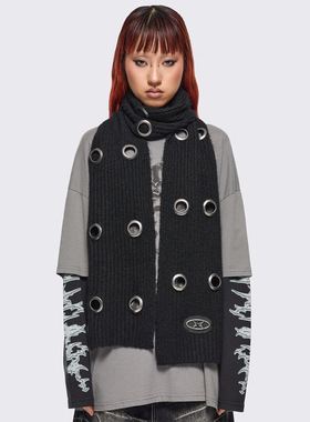 Minga 新品亚文化朋克 黑色金属穿孔设计 厚实/保暖围巾