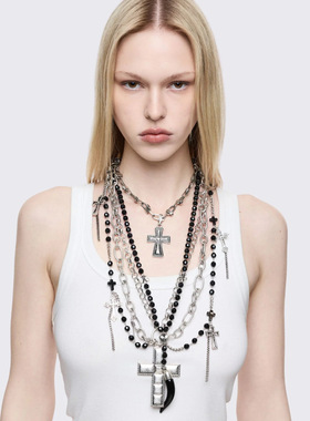 Minga新品暗黑哥特风 十字架吊坠/黑色串珠 多层链条项链组合套装