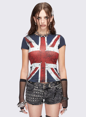 Minga 新品美式复古国旗图案 圆领修身短款T恤上衣 baby tee