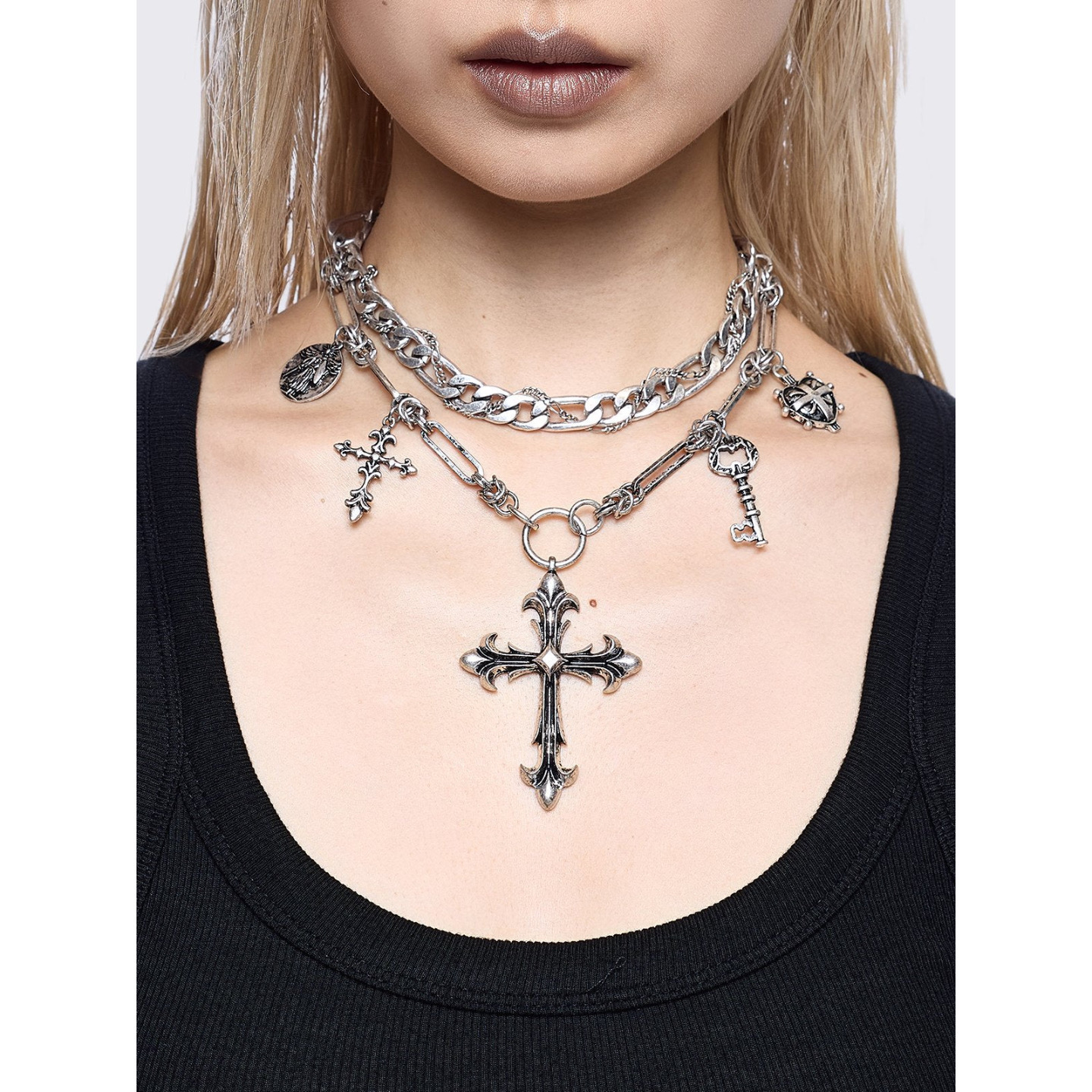 Minga亚文化十字架钥匙双层项链