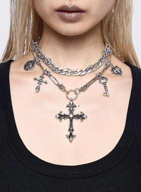 Minga新品亚文化朋克 做旧银色十字架/钥匙吊坠 可调节双层链项链