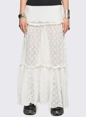 Minga 新品复古白色蕾丝花朵 侧边系带设计 自然腰蕾丝半裙长裙