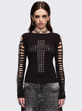 Minag 亚文化朋克 铆钉十字架/ 镂空开衩袖设计 短款修身长袖上衣
