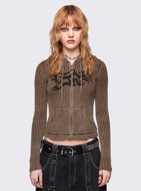 Minga 新品亚文化朋克 tattoo图案 修身粗针织毛线连帽外套开衫