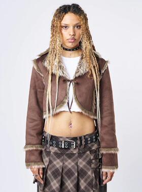 Minga冬季新品美式复古棕色麂皮人造毛领子装饰系带短款外套上衣