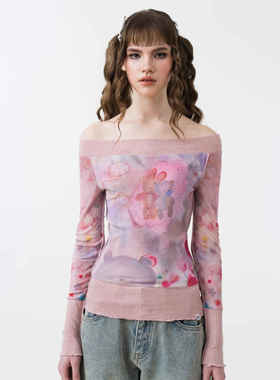 Sixthdimension 童趣小熊兔子手绘图案长袖露肩上衣