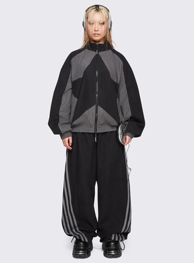 Minga 新品复古亚文化黑灰色 星星图案 休闲慵懒风衣夹克外套套装