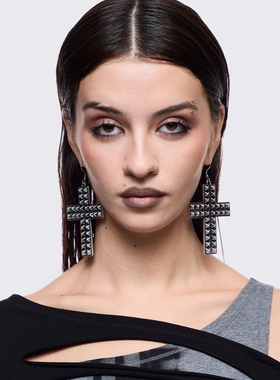 Minga新品 暗黑哥特风 做旧银色铆钉十字架吊坠钩扣耳环 耳饰