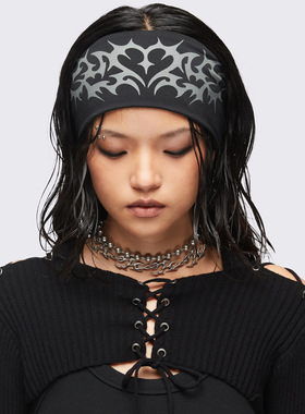 Minga 新品美式朋克亚文化 灰色爱心印花图案发带