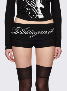 Minga新品 暗黑朋克辣妹风 反派印花图案 折叠式低腰修身短裤热裤