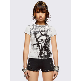 Minga 新品y2k亚文化 动漫女孩字母印花图案 圆领修身短裤T恤上衣
