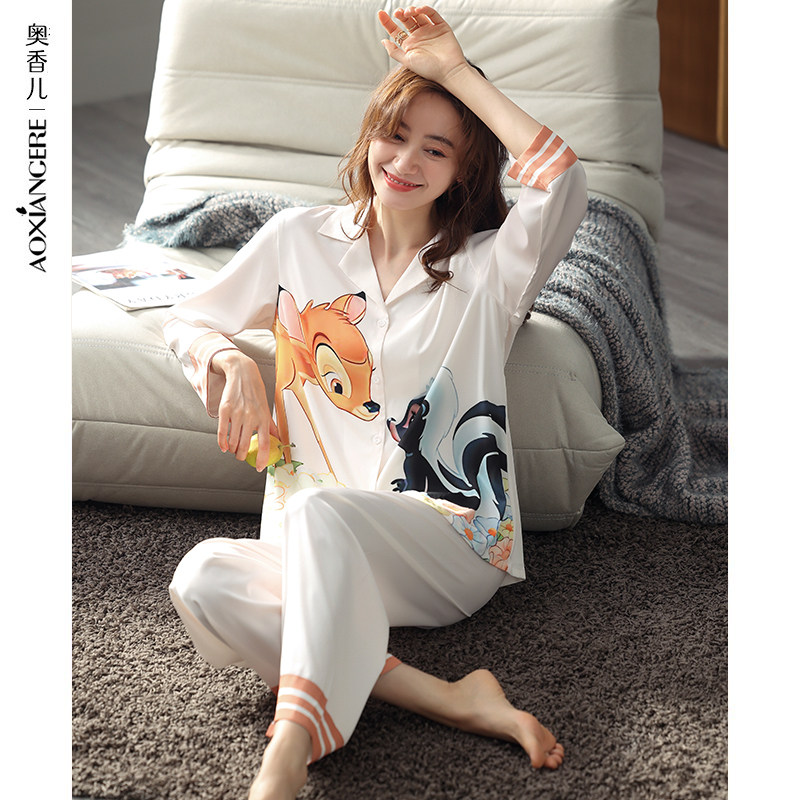 春季女士睡衣冰丝薄款长袖2022年新款卡通开衫仿真丝绸家居服套装